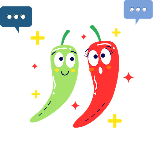 A green chili and a red chili getting to know each other